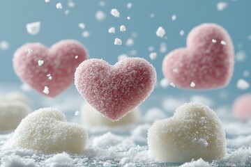 Decorative sugary hearts falling on a surface surrounded by light snow