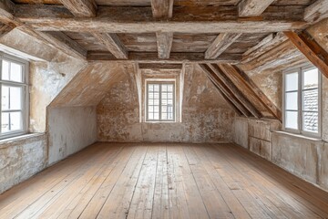 Spacious and rustic attic room with wooden beams and natural light in an old building