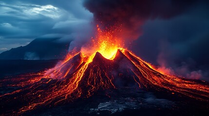 Fototapeta premium Dramatic Fiery Volcano Eruption Illuminating the Sky with Molten Lava Flowing Down : Generative AI