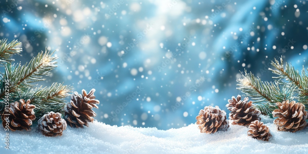 Poster pine cones and fir branches covered with snow during a snowfall at sunset