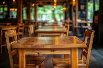 Rustic wooden tables set for dining in a cozy cafe during daylight hours