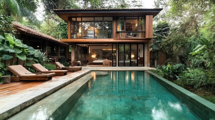 Modern balinese villa featuring inviting swimming pool and lush tropical greenery