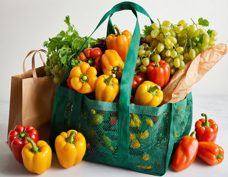 Green eco-friendly bag full of vegetables isolated on white background