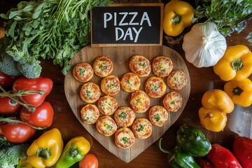 A creative flat lay of mini pizzas arranged in a heart shape on a wooden board, surrounded by fresh vegetables, herbs, and a chalkboard sign reading letters "PIZZA DAY"