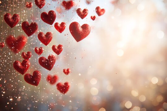 Heart decorations cascading down with sparkling background create a festive atmosphere for celebrations or romantic events