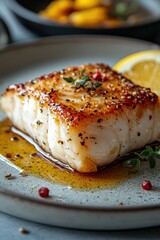 Savory Glazed Cod Fillet with Ginger Soy Sauce and Natural Lighting on Elegant Plating, Ideal for Culinary and Food Photography