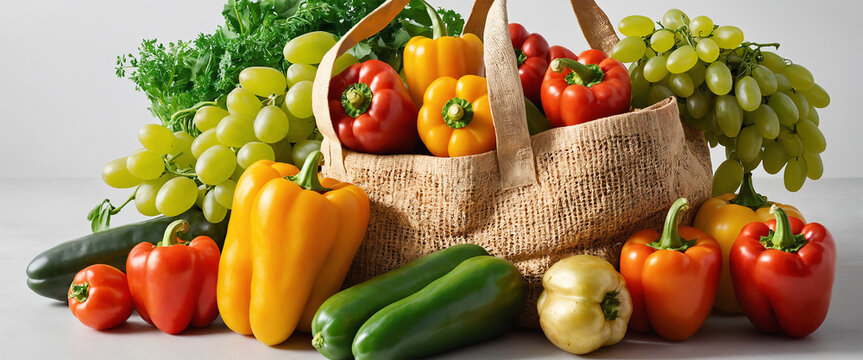 Jute bag full of vegetables isolated on white background