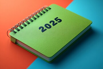 Green notebook showing 2025 year on orange and blue background