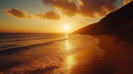 Golden sunset over ocean beach, cliff.