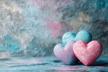 Fototapeta premium Colorful heart-shaped decorations on a textured background create a charming display for any celebration or event