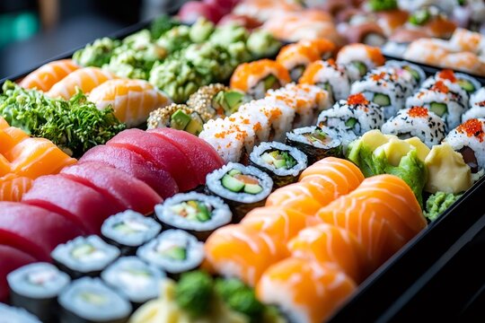 Delicious variety of sushi displayed on serving tray, featuring nigiri, maki, and sashimi