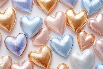 Obraz premium Colorful heart-shaped chocolates scattered on a light background for festive occasions and celebrations