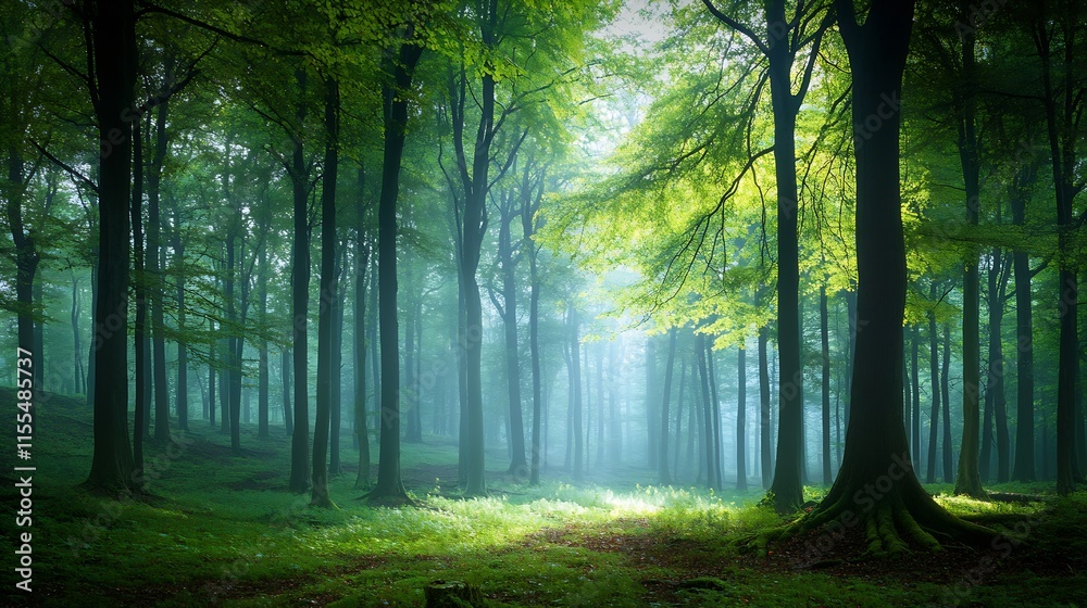 Poster lush green forest in bright sunlight with misty atmosphere and tall trees : generative ai
