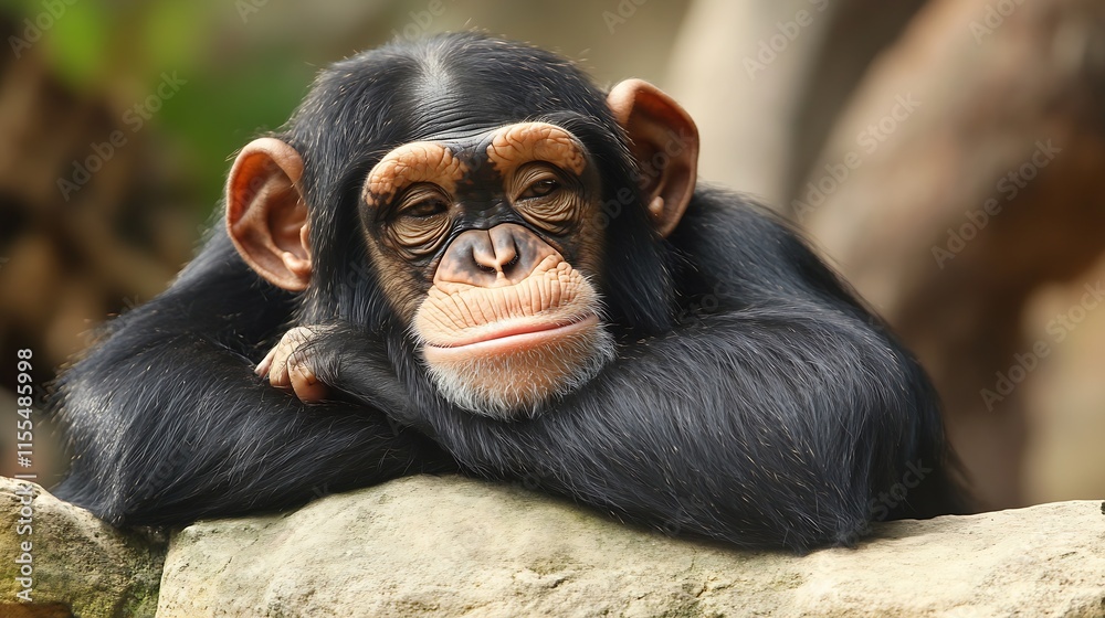 Poster pensive chimpanzee resting on rock with thoughtful expression in natural habitat : generative ai
