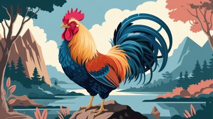 A vibrant rooster with colorful feathers standing on a rock in a serene landscape with water and trees.