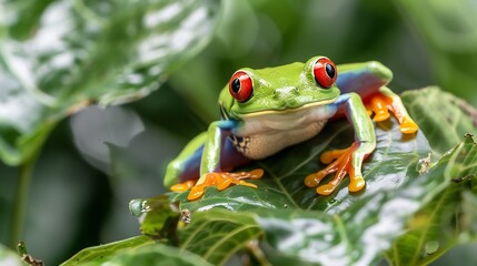 Naklejka premium Vibrant Red-Eyed Tree Frog on Lush Green Foliage