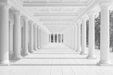 A symmetrical hallway of white pillars disappearing into the distance