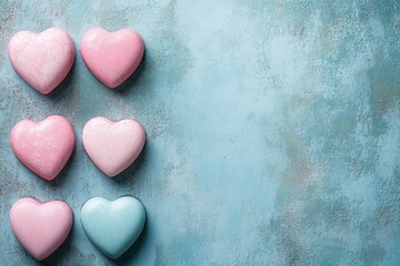 Obraz premium Colorful heart-shaped candies arranged on a textured blue surface for a festive occasion