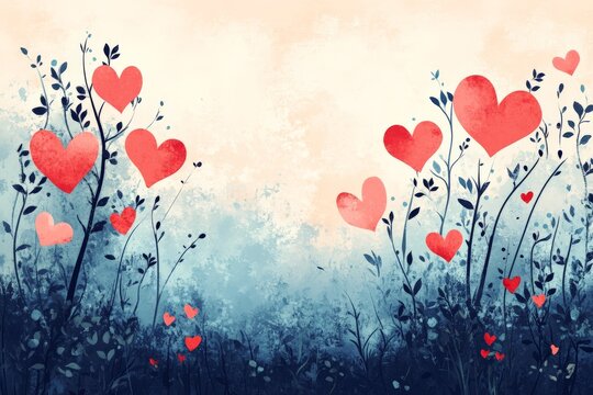 Colorful heart illustrations among lush greenery create a romantic atmosphere in a whimsical setting