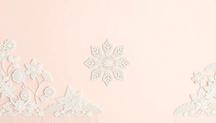 Delicate Pink Background with White Lace Snowflake and Floral Corner Designs