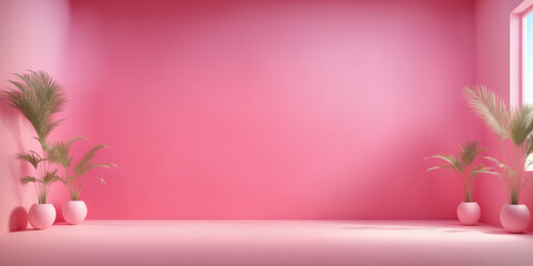 Abstract pink color gradient studio background for product presentation. Empty room with shadows of window and flowers and palm leaves . 3d room with copy space. Summer concert. Blurred backdrop.