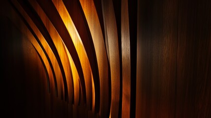 Fototapeta premium Abstract wooden design with curved lines and warm lighting, creating a cozy atmosphere.