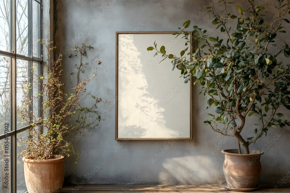 Poster Empty frame mockup hanging on rustic wall with plants and sunlight creating shadows