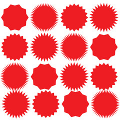 Circle sticker set. Wavy edge promo black badges. Star burst shape tags for price. Blank sale stickers. Simple silhouette. Flat vintage labels. Graphic illustration.