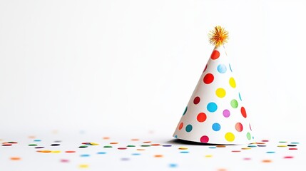 Colorful party hat with confetti background. Festive and cheerful cone hat adds fun. Ideal for birthday and celebration mockup. Template for playful decoration concept.