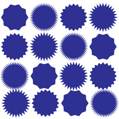 Circle sticker set. Wavy edge promo black badges. Star burst shape tags for price. Blank sale stickers. Simple silhouette. Flat vintage labels. Graphic illustration.