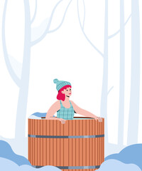 A woman takes a bath in the fresh frosty air in a wooden font. Traditional Japanese bathroom. Hand drawn vector illustration.