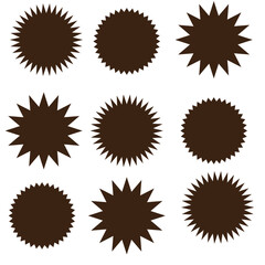 Fototapeta premium Circle sticker set. Wavy edge promo black badges. Star burst shape tags for price. Blank sale stickers. Simple silhouette. Flat vintage labels. Graphic illustration.