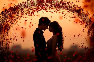 Couple embraces under a floral arch at sunset, surrounded by falling petals in a romantic setting