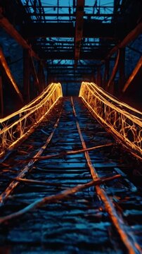 A bridge composed of glowing lines and creative objects (paintbrushes, lightbulbs, gears) spanning an endless void, 4k High-Quality Wallpaper Background Animation Video