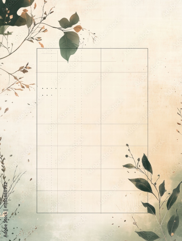 Poster minimalist planner layout with subtle grid lines and botanical elements for organizing tasks and not