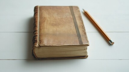 Antique Leather-Bound Book and Pencil on White Wooden Surface