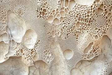 Close-up of porous, textured, beige rock surface with irregular holes and patterns.