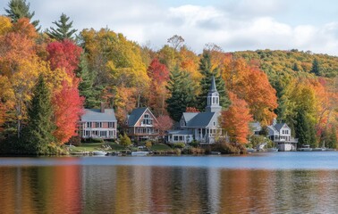Fototapeta premium Autumn Landscape with Colorful Trees and Waterfront Houses Reflecting on Serene Lake in a Picturesque Village Setting with Vibrant Fall Colors and Clear Sky