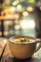 Cozy Mexican Street Corn Soup in a Rustic Cafe Setting with Soft Bokeh Background Capturing Warmth and Comfort of Culinary Traditions