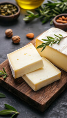 Creamy soft cheese on wooden cutting board with herbs and nuts