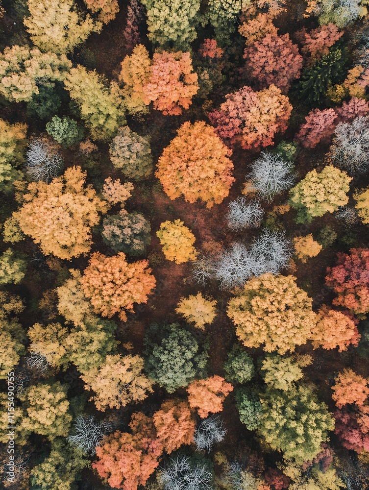 Poster vibrant autumn forest from above with colorful foliage in red and orange hues : generative ai