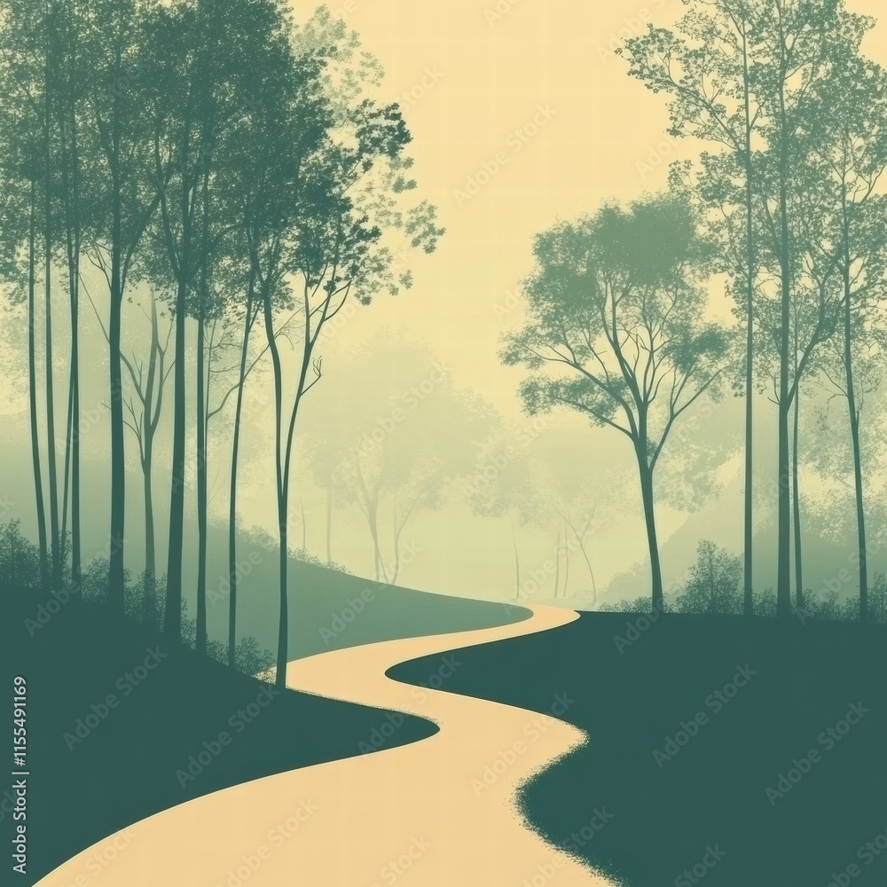 Leinwandbilder Minimalist forest path winding through trees leading into a serene distance with soft colors. Generative AI