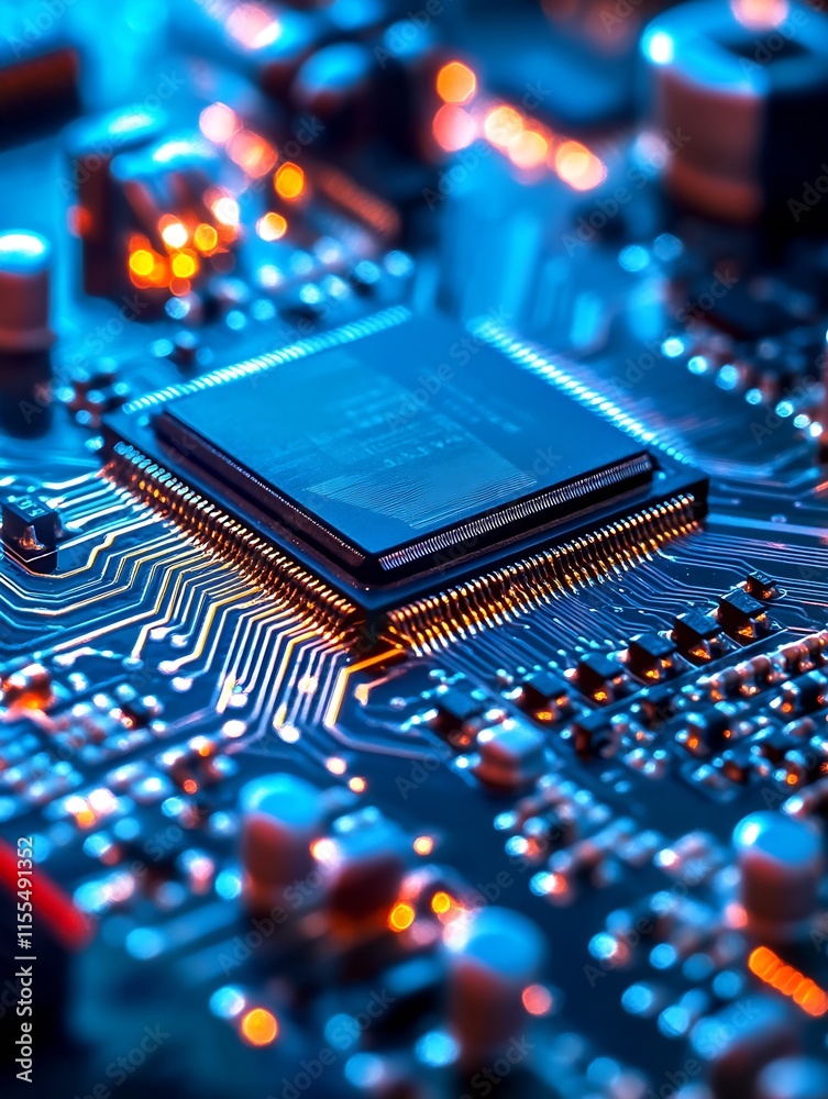 Poster Macro View of a Glowing Microchip on Blue Circuit Board Surface : Generative AI
