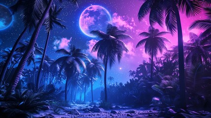 A retrofuturistic scene of a beach at night with palm trees and a glowing moon.