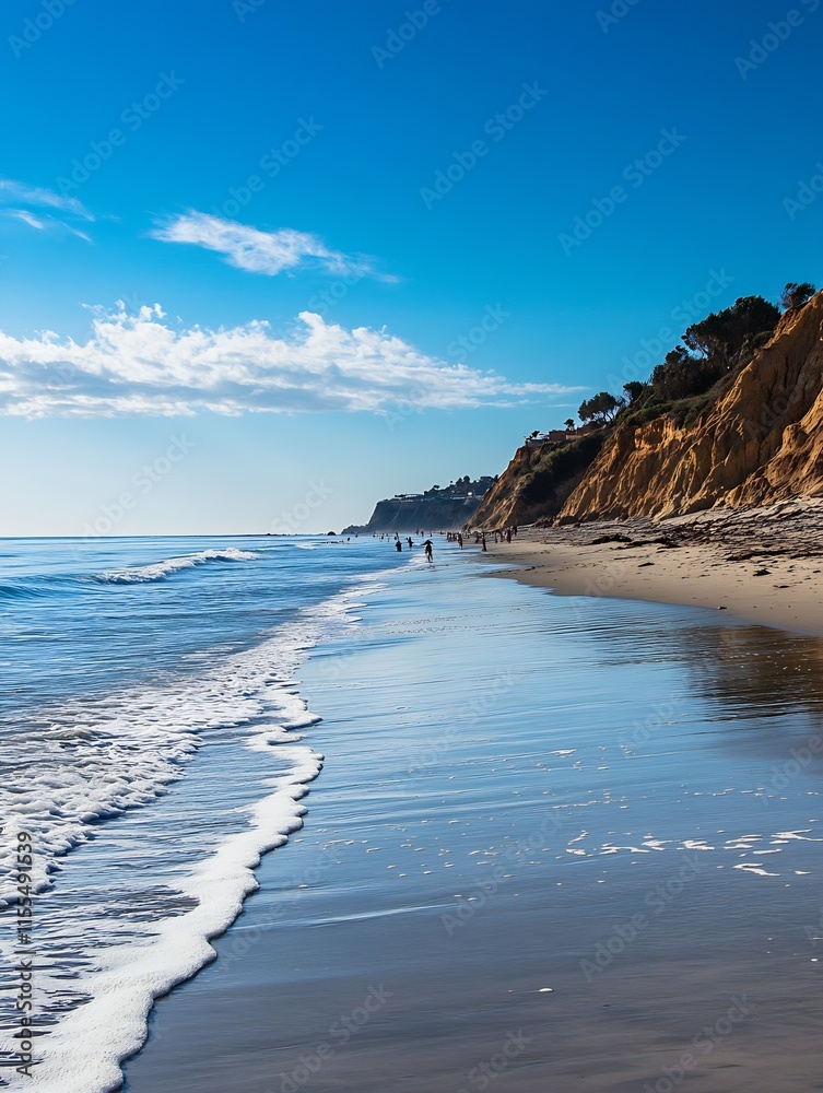 Aufkleber serene sandy beach with gentle ocean waves and cliffside scenery : generative ai