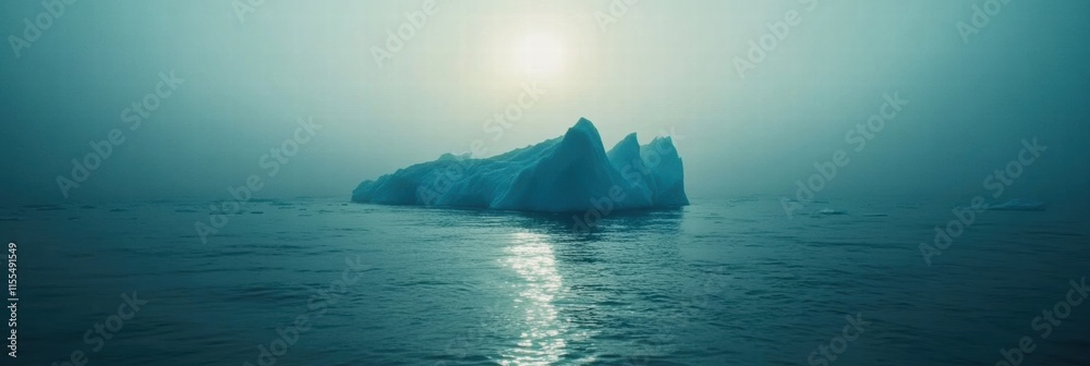 Aufkleber melting iceberg floats in a vast blue ocean under a hazy sunlit sky. generative ai