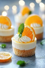 Delightful Mini Cheesecakes with Orange Topping and Whipped Cream in a Soft Bokeh Cafe Setting Perfect for Dessert Lovers