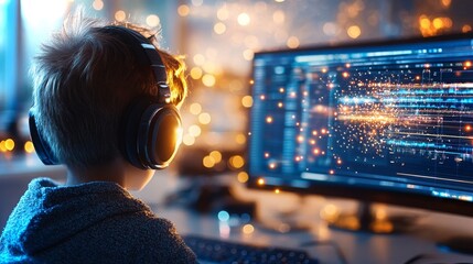 Young gamer engrossed in coding and digital creation at night