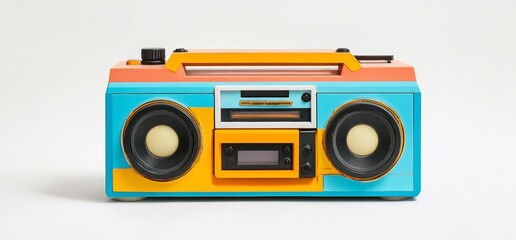 Fototapeta premium A colorful boombox with dual speakers and a cassette player for music enjoyment.
