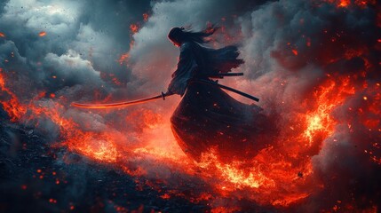 A warrior in a flowing kimono, sword drawn,  running through a fiery landscape with dramatic clouds.